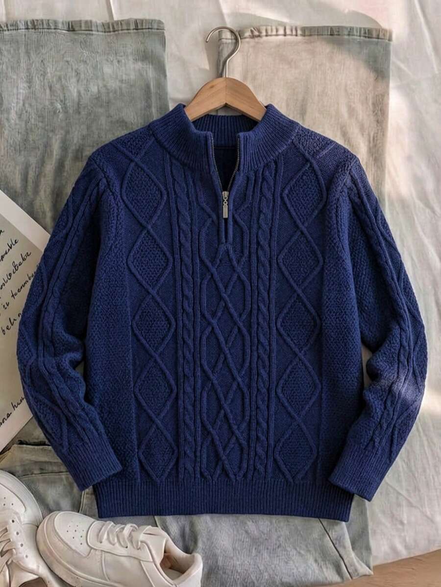 Boys' College Style Solid Color Cable Knit Half-Zip Mock Neck Pullover Sweater Long Sleeve Suitable For School Daily Wear Spring Autumn Winter - Navy Blue - View 1