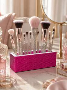 Two-Tone, Multicolored Rhinestone Finish-Rectangular Makeup Brush Organizer-Cosmetics Storage Box With Adjustable Compartments For Makeup And Nail Care Tools-Ideal For Placement On A Bedroom Vanity Or Similar Settings - Multicolor - View 8