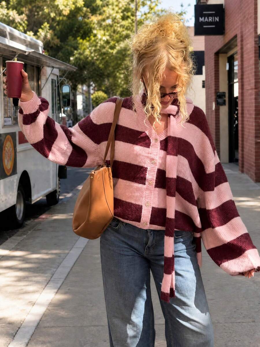 Pink & Brown Striped V-Neck Knit Cardigan, Loose Casual Sweater Jacket For Women, Autumn/Spring, With Matching Scarf 2 Pieces Set Fall - Multicolor - View 1