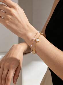 1pc Minimalist Versatile Double Layer Clover Faux Pearl Bracelet, Delicate Luxury For Women - White - View 1