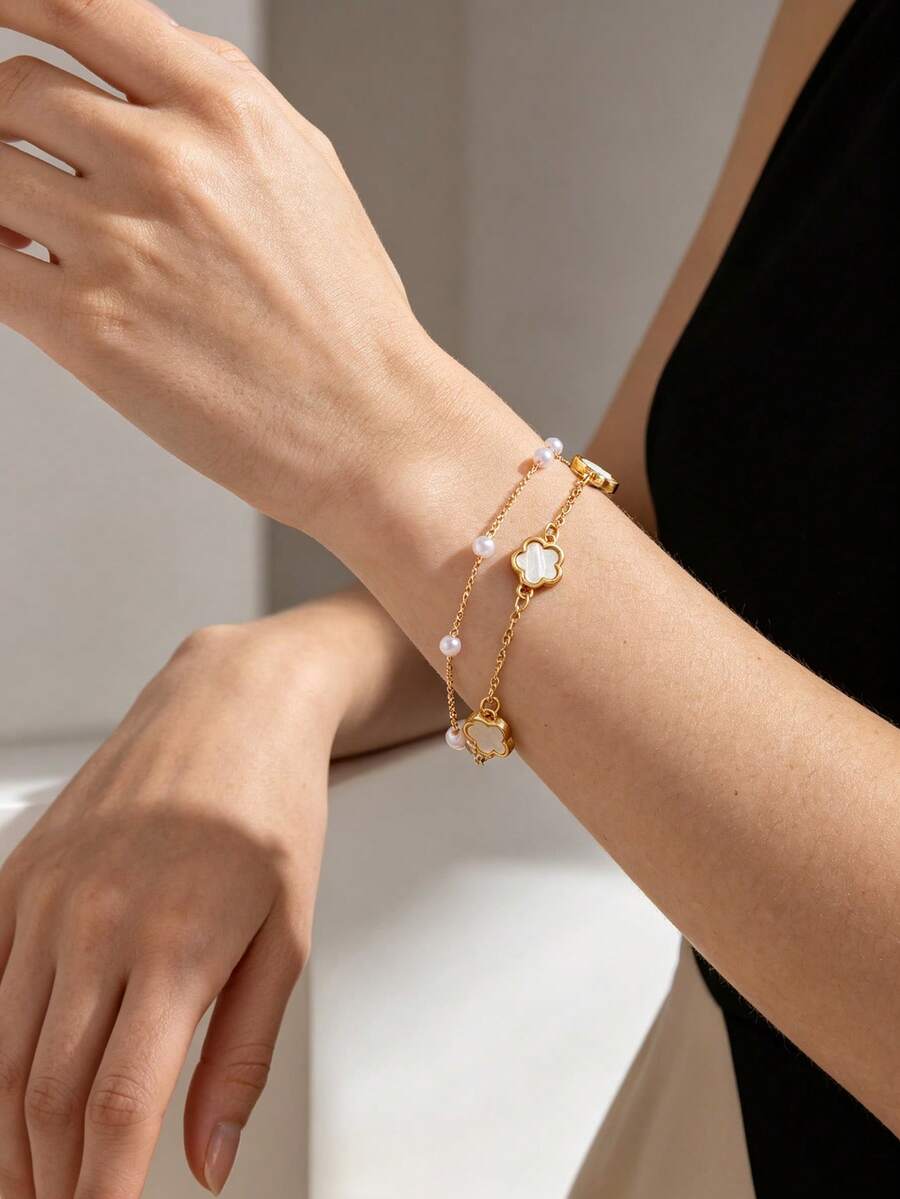1pc Minimalist Versatile Double Layer Clover Faux Pearl Bracelet, Delicate Luxury For Women - White - View 1