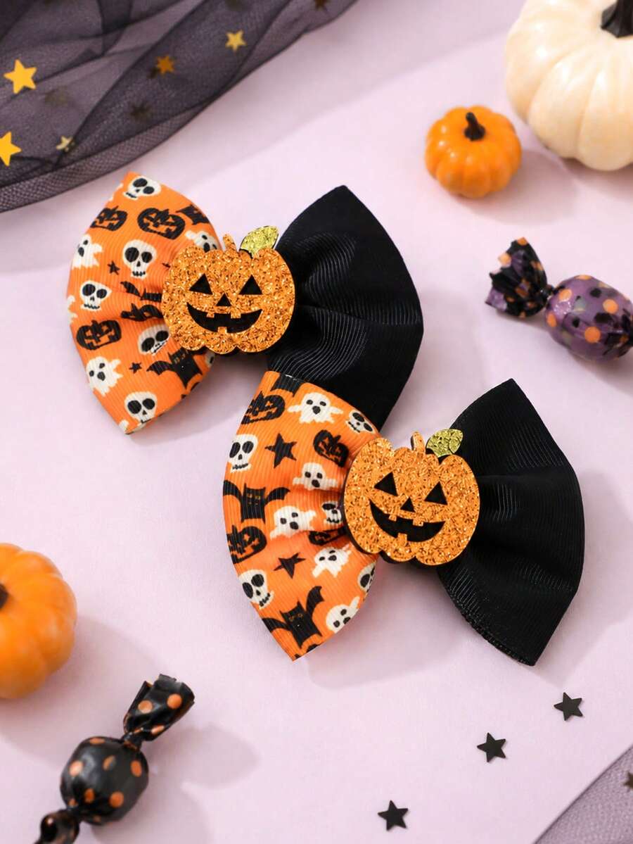 2PCS Halloween Ribbon Hair Bow Clips For Girls, Glitter Decor Hair Barrettes With Skull Ghost Bat Print For Halloween Party,Kids Hair Accessories - Multicolor - View 1