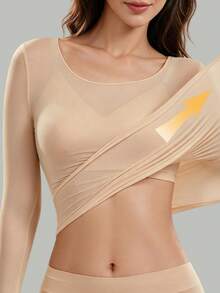 2pcs Women's Solid Color Ultra-Lightweight Breathable Long Sleeve Base Layer Tops, Casual Minimalist Style, Daily Home Layering Tops - Apricot - View 4