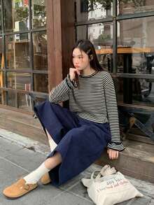 Women's Round Neck Striped Versatile Long Sleeve Knit Sweater, Loose Fit Slimming Knit Top For Autumn/Winter - Black and White Stripes - View 5