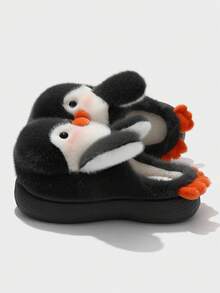 Cute Penguin Plush Slippers, Fuzzy Fur Lining, Unisex Indoor/Outdoor Fun Slippers For Autumn/Winter - Black - View 4