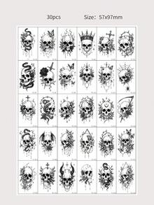 30pcs Temporary Halloween Pattern Tattoo Sticker, Skull Snake Waterproof Tattoo, Men And Women Body Temporary Tattoo - Black - View 10