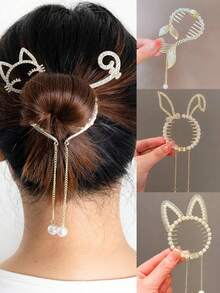 1pc Faux Pearl Tassel Hair Clip Alloy Rhinestone Cat Rabbit Hair Buckle Cute Sweet Tassel Round Ring Women's Hair Accessory Princess Style Decorative Headpiece Daily Accessory - Multicolor - View 2