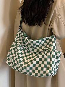 1pc Minimalist Large Capacity Multi-Pocket Plaid Tote Bag, Shoulder Bag, Crossbody Bag, Multi-Use Large Bag, Suitable For Travel, Shopping, Vacation, Can Hold Laptop, Textbooks, Clothes - Green - View 3