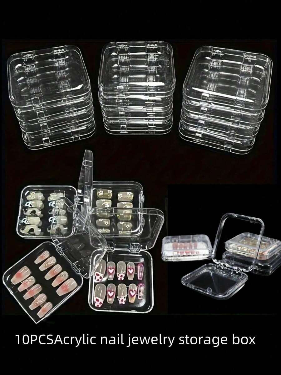 Acrylic Nail Art Storage Box 5/10/20/30/40/60pcs - Transparent Square Display Box, Suitable For Nail Accessories, Earrings, Bracelets, Cards, With Lid Portable Storage Box, Pink Black White Optional, Multi-Scenario Collection Storage Container - Clear - View 1