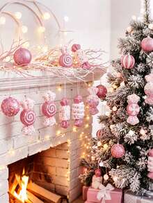6/5pcs&1pc Christmas Red Decorative Hanging Ornaments Set, Christmas Tree Hanging Decorations, Christmas Window Display Decor, Holiday Home Decor, Atmosphere Creating Props, Photography Props, Suitable For Christmas Tree Hanging Decoration, Christmas Party Indoor And Outdoor Decoration - Multicolor - View 6