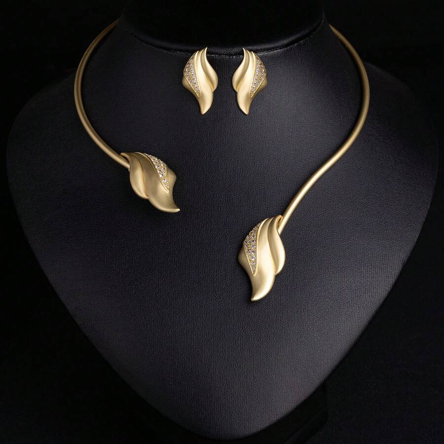 1 Set Gold Flower Necklace & Earrings Set | Open Collar | Zirconia Inlaid | Jewelry Accessories For Women | Gift