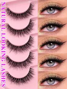 ENCHUW 5 Pairs Lashes 3D Clear Band Lashes Natural Look Wispy Eyelashes Fluffy Curl Cat Eye Fake Eyelashes - Black - View 1