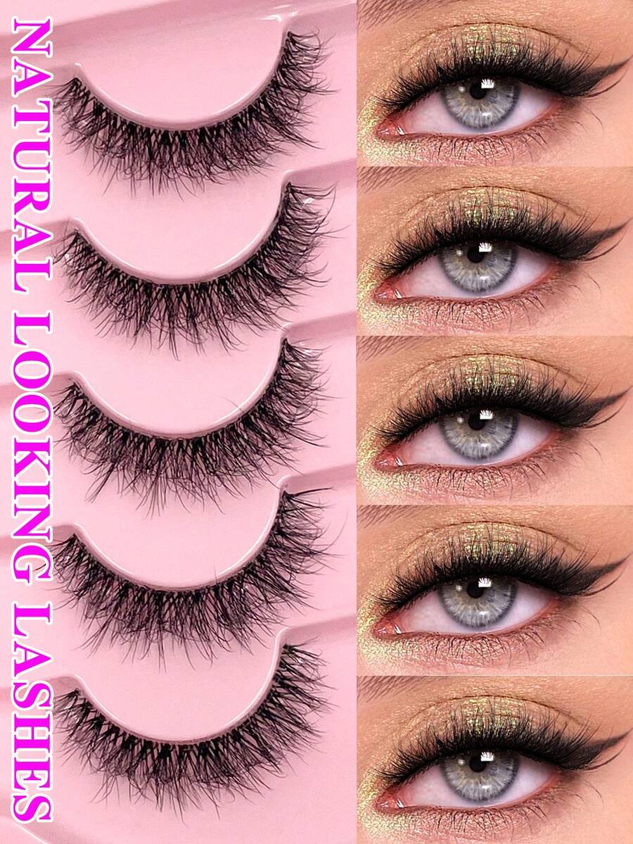 ENCHUW 5 Pairs Lashes 3D Clear Band Lashes Natural Look Wispy Eyelashes Fluffy Curl Cat Eye Fake Eyelashes - Black - View 1