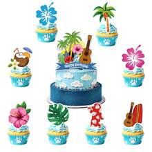 Vibrant Paper Hawaiian Tropical Cake Topper Set, Summer Beach Floral Palm Tree Ukulele Print Multi‑Color Irregular Picks For Luau Kids Birthday Party Cake Decor Supplies - View 1