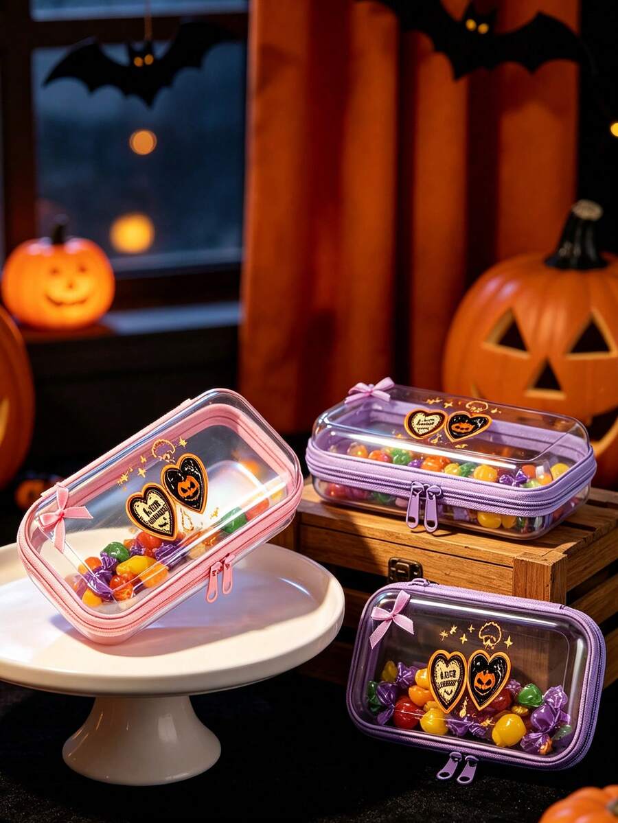 Transparent Hard Zipper Protective Box, Halloween Candy Storage Box, Halloween Spider Decoration, Candy Storage Box, PVC Travel Storage Bag Lightweight Anti-Fading, Makeup Toiletry Bag, Hard Plastic Zipper Bag, Transparent Zipper Bag, Plastic Storage Box, Portable Travel Box, Halloween Gift, Autumn Gift, Back To School Gift, Home Essential - Multicolor - View 1