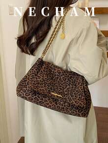 1pc Vintage Leopard Print Suede Chain Tote Bag For Women, Maillard Style Large Capacity Commuter Shoulder Crossbody Bag - Brown - View 3