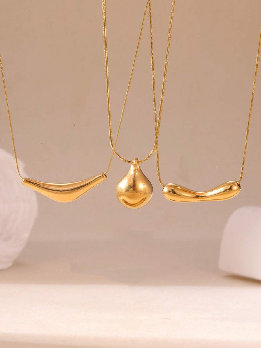 GEREIT 1pc/3pcs 18K Gold Plated Stainless Steel Polished Curved Tube Round Spoon Gold Bar Necklace - Gold - View 1