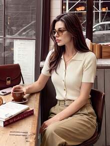 Fashionable Polo Collar Raglan Short Sleeve Knit T-Shirt For Women, Lightweight, Versatile Cardigan Top, Spring/Summer, Aesthetic Fall - Apricot - View 2