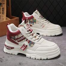 Men's Fashion Lace‑Up Platform Casual Sneakers, Colorful Geometric Patchwork Contrast Trim, Work‑Inspired Dad Shoe Style For Walking Running Driving - Red - View 6