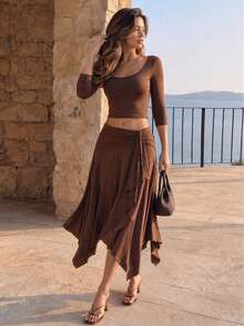 Women's Fall Winter Brown Square Neck 3/4 Sleeve Crop Top + Twist Ruffle Asymmetric Midi Skirt Set, Daily CommuteWork Nightclub Back To School/College - Mocha Brown - View 6
