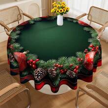 Round Christmas Tablecloth Dark Green Pine Branch Pinecone Red Berry Ball Ornament Border Decorative Washable Holiday Dining Table Cover For Xmas Party Winter Kitchen Home Table Decor - A - View 9