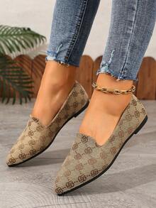 Khaki Monogram Print Women's Flat Shoes, Simple Pointed‑Toe Slip‑Ons, Versatile Casual Footwear For Daily Commuting - Khaki - View 4