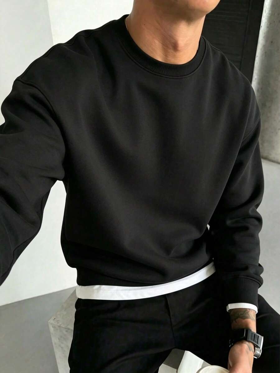 Men's 2 In 1 Long Sleeve T-Shirt, Layered Casual Top - Black - View 1