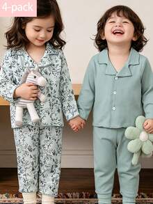 Set Pakaian Rumah Lucu 4 Potong untuk Bayi Perempuan Sepanjang Musim, Motif Bunga & Warna Polos, Atasan Lengan Panjang dan Celana Panjang dengan Kerah Lipat dan Kancing - MultiWarna - View 3