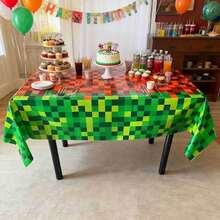 1pc/2pcs Pixel Block Party Tablecloth, Disposable Plastic Tablecloth, Green Grid Design, Suitable For Video Game Theme Birthday Party Decoration - Green - View 6