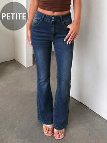 Retro Elegant High Waist Button Slim Fit Low Waist Sexy Casual Washed Solid Color Jeans Spring ,Petite Women Fall - Dark Wash - View 2