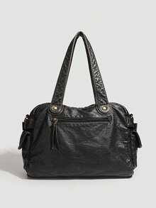 1pc Black Vintage Distressed Leather Multi-Zipper Pocket Handbag & Crossbody Bag, With Brass Hardware, Women's Casual Daily Commute Style - Multi-color - View 7