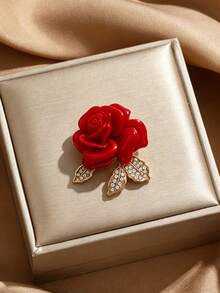 Vintage Rose Rhinestone Leaf Brooch, Elegant Enamel Flower Lapel Pin, Women's Clothing Accessory Gift - Rose - View 4