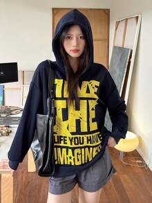 Navy Blue Letter Print Loose Fit American Vintage Style Pullover Hooded Sweatshirt For Women, Casual Lazy Look, Spring And Autumn - Navy Blue - View 9