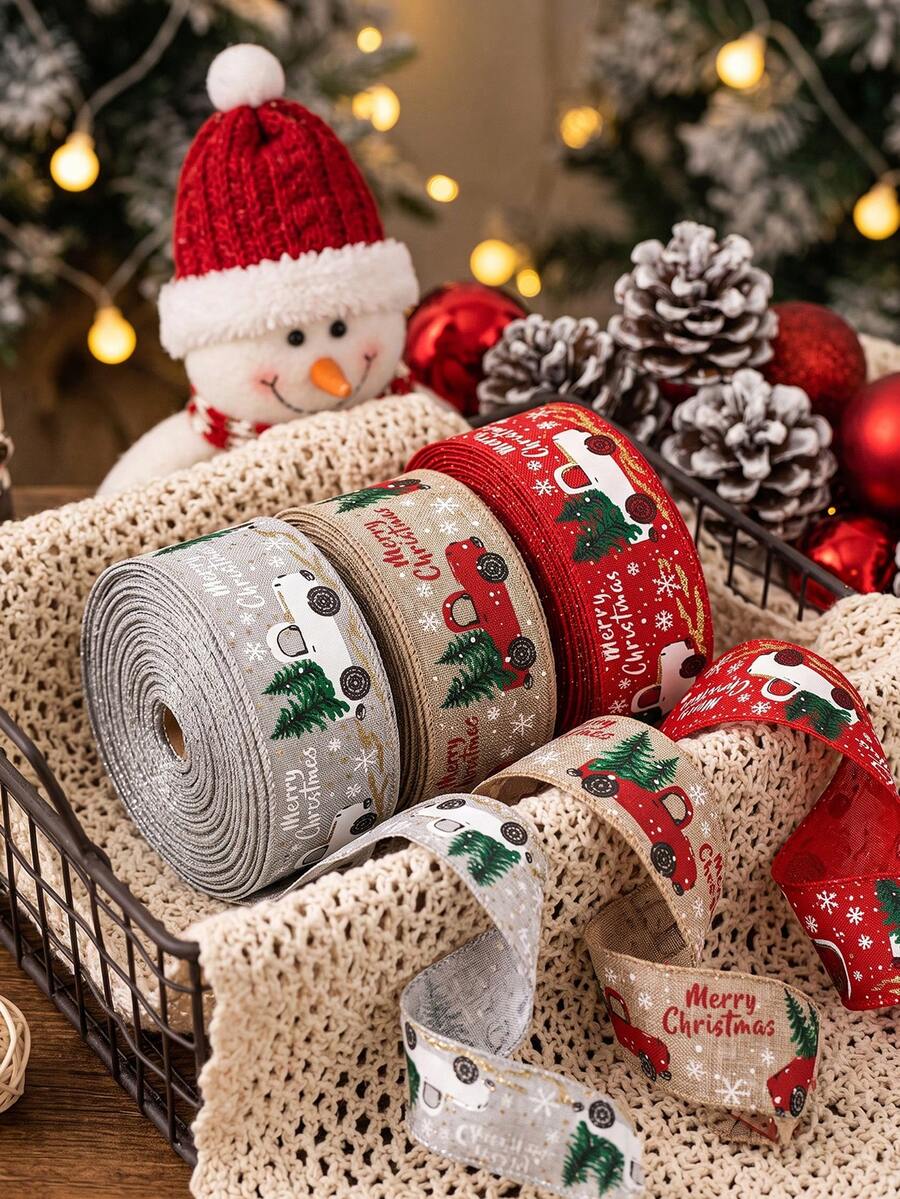 3Rolls Luxury Farmhouse Style Linen Textured Ribbon, Christmas Wired Ribbon, Classic Christmas Truck Pattern Printed Tape, Suitable For Gift Wrapping, DIY Christmas Tree Top Bows, Christmas Tree Decoration, Home Decor, Room Decor, Christmas Decor - Multicolor - View 1