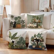 4pcs/1pc Green Plant Cat Pattern Pillow Case Without Insert, Single-Sided Printed Pillow Case, Suitable For Living Room Bedroom Home Decor, All-Season Pillow Case - Multicolor - View 7