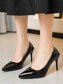 Women Glossy Pointed Toe Stiletto Heel Pumps, Slip On Solid Color Dress High Heels For Party Wedding Evening - Black - View 1