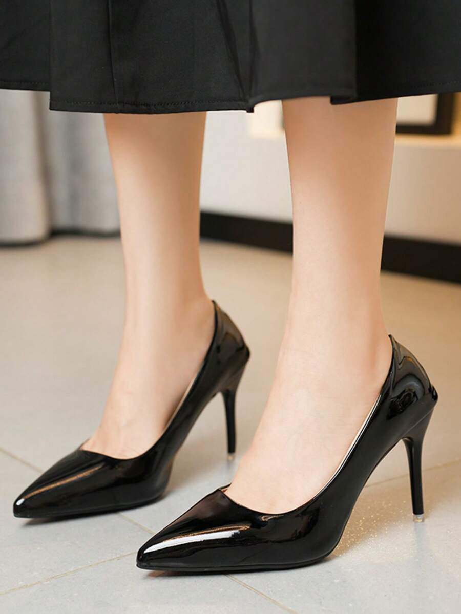 Women Glossy Pointed Toe Stiletto Heel Pumps, Slip On Solid Color Dress High Heels For Party Wedding Evening - Black - View 1