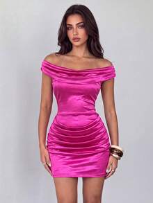 Elegant Fashionable Off-Shoulder Ruched Mini Dress, Suitable For Dates, Summer Vacation, Party, Holidays And Graduation Ceremonies - Hot Pink - View 3