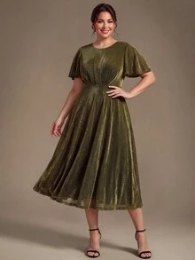 EVERPRETTY Robe midi pour invitée de mariage d'automne pour femmes avec fil métallique scintillant, manches volantées, taille A-line, robes pour la mère de la mariée - Doré - Voir 1