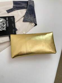 1件裝絎縫翻蓋PU純色信封包，時尚亮色派對手拿包，雷射亮面鏈條單肩包，亮面晚宴小方包，適合女性約會、參加派對與晚間活動 - 金色 - 查看 9