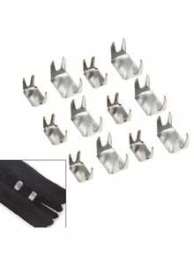 10pcs Size 5 Metal Zipper Sliders And End Caps - 4-Prong Tail Clamps - Silver - View 2