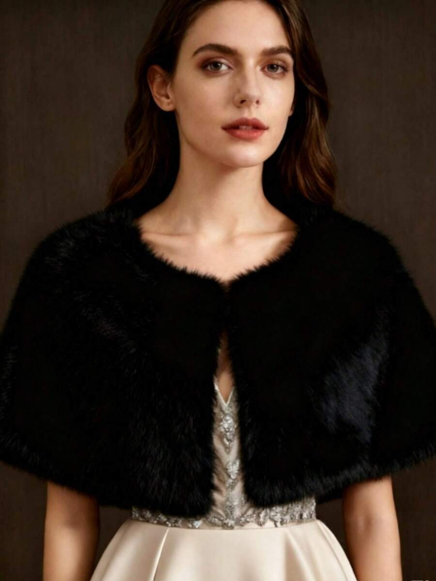 Women's Wedding Faux Fur Shawl Scarf, Bridal Fur Cape, Fur Scarf, Suitable For Bride And Bridesmaids - Black - View 1