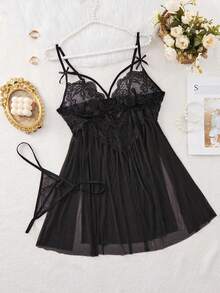 Plus Size Lace Camisole Nightgown, V-Neck Sleepwear, Mesh Nightdress With Side Slit - Black - View 5