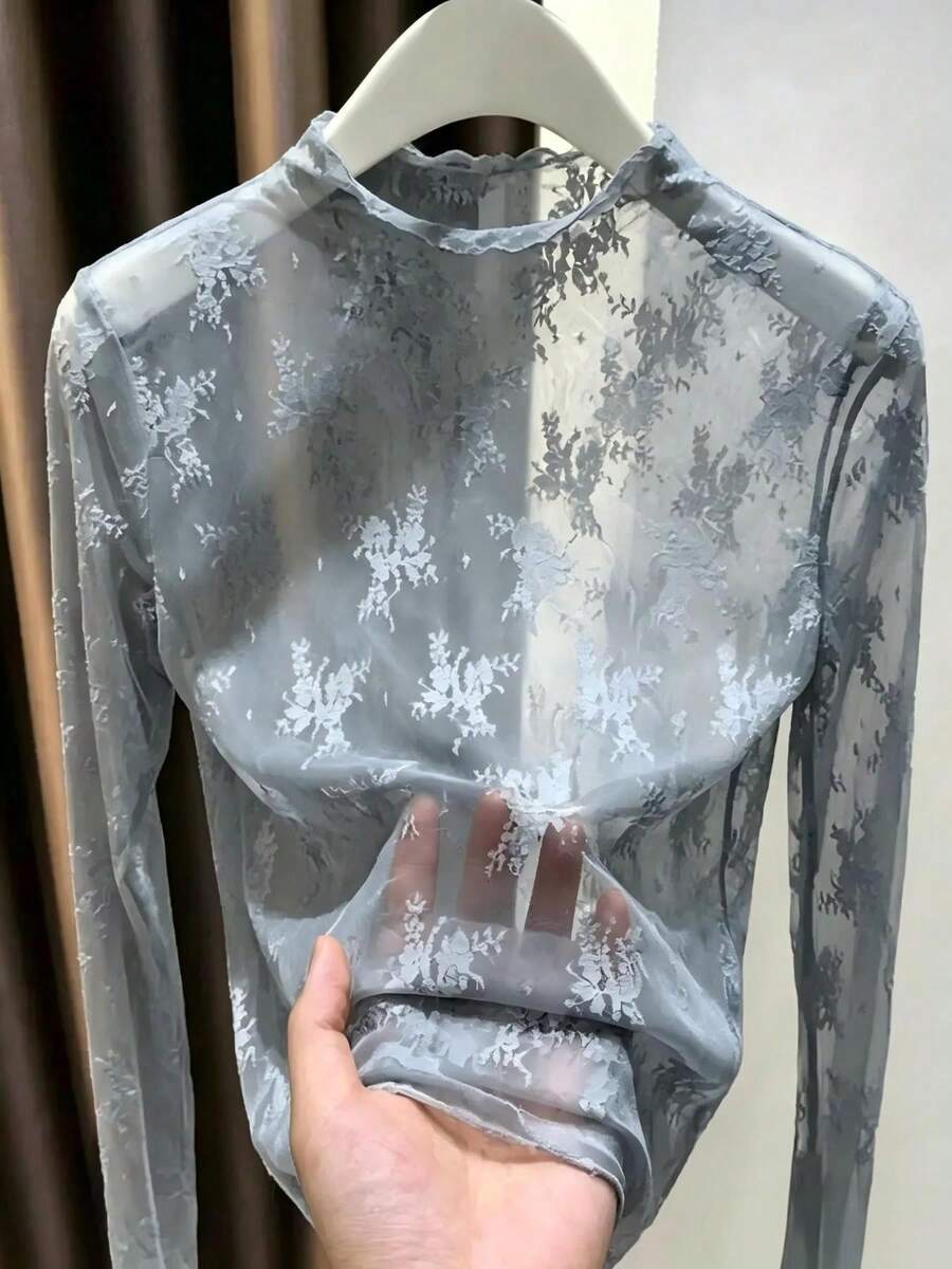 女款蕾絲假領內層網紗長袖上衣 - 灰色 - 查看 1
