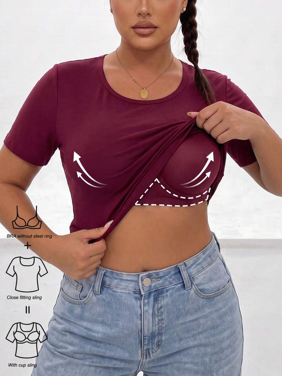 Women's Plus Size 2-In-1 Short Sleeve T-Shirt Solid Activewear Top With Built-In Support - Burgundy - View 1