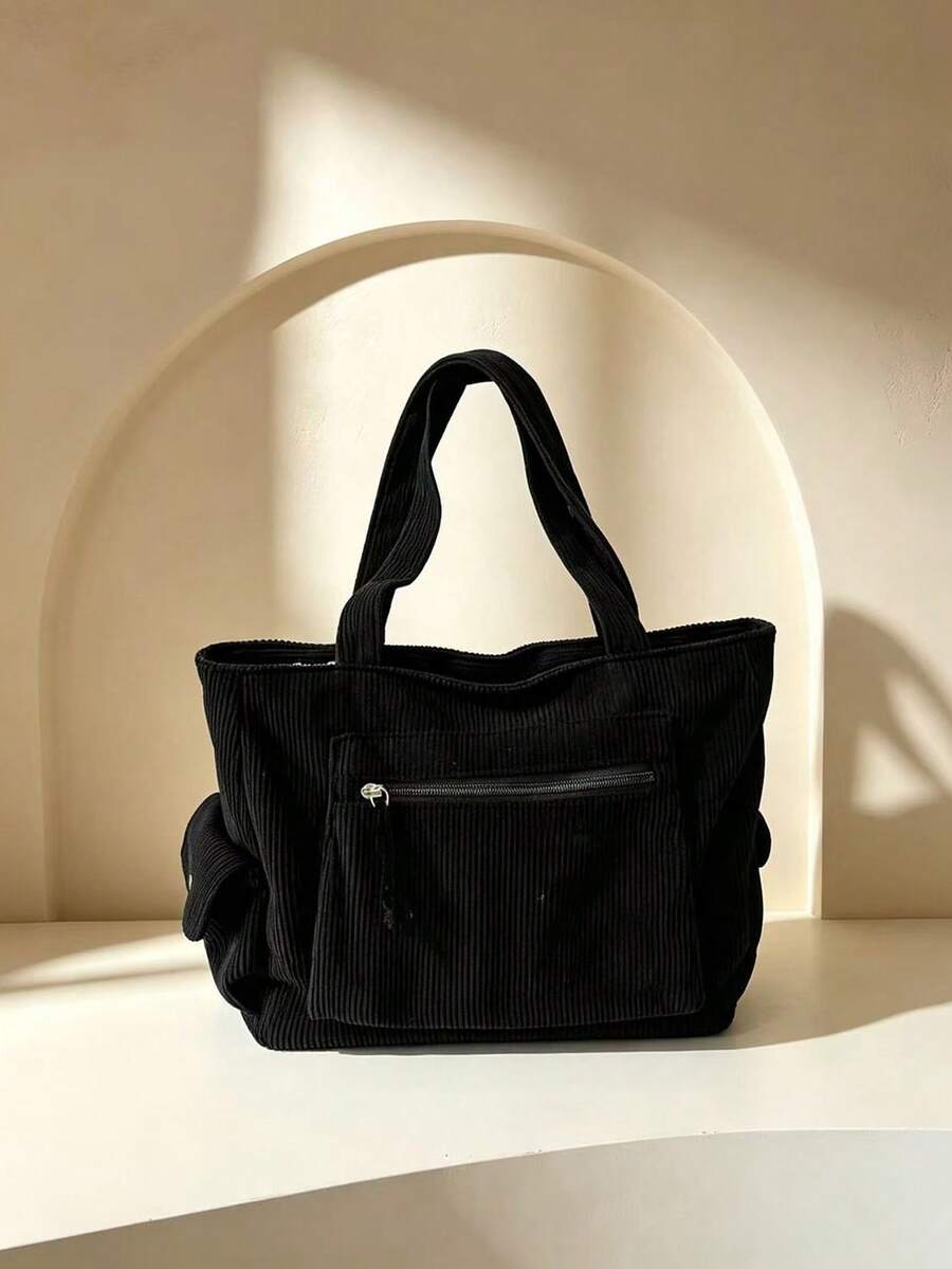 Men's Corduroy Tote Bag Large Capacity Casual Briefcase Multi-Pocket Shoulder Handbag For Work Office Commute Travel - Black - View 1
