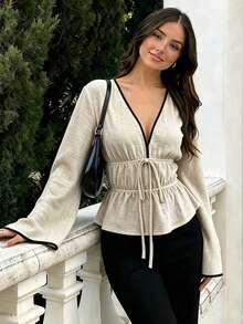 Women's Deep V-Neck Long Bell Sleeve Blouse, Contrast Trim And Knot Detail, Bell Hem Regular Shirt, Perfect For Autumn Outfits - Apricot - View 2