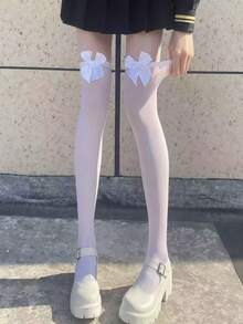 萬聖節純色蝴蝶結絲襪，聖誕裝飾，Cosplay服裝，派對穿搭 - 白色 - 查看 4
