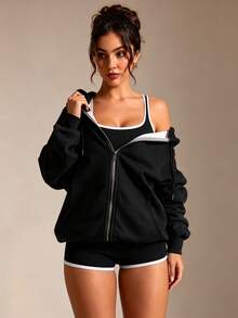 XLLAIS Contrast Trim Kint Ribbed Sports Two Pieces Women Sets Square Neck Crop Cami Top & High Waist Biker Shorts 2 Pieces Outfits, Casual Activewear Set - Black - View 6