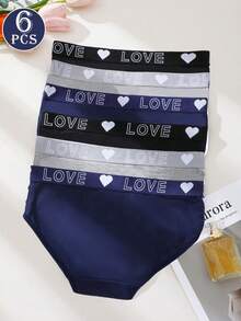 6pcs Women's Panties Triangle Briefs Fitted Underwear Solid Color Basic Style Heart & Letter Print Waistband Multi-Color - Multicolor - View 11